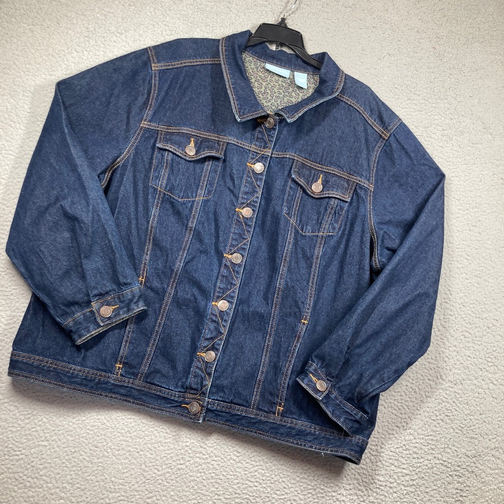 Liz & Me Denim Jacket Women 2X Dark Blue Leopard Lining Button Front Trucker